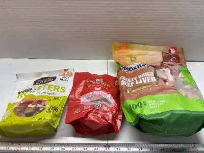 Dog chicken treats exp:01/26 chicken hearts exp:03/26 and freeze dried liver exp:08/26