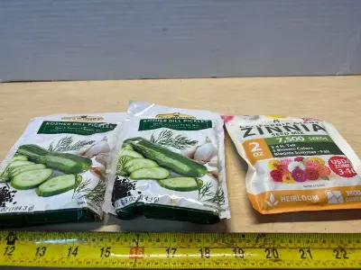 Kosher dill pickle seasoning mix (2) and California zinnia seeds