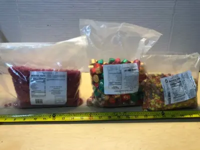 3 LB Cinnamon Hearts (opened) , Rolo chocolate caramel, 1.5 LB Reese’s Pieces mini (opened) exp: 06/2027