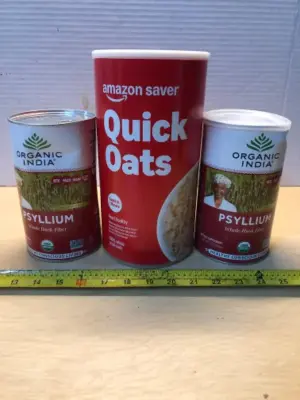 Two cans Psyllium, Amazon Saver Quick oats exp:12/15/2027