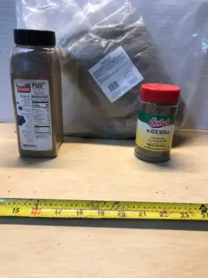 Ground Flax Seed exp: 05/2030, Medium ground black pepper exp:9/15/2028, Basil leaves 1.5 LB exp:11/2027