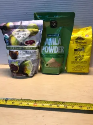 Organic figs (opened) exp:08/07/2027, organic Amal Powder exp:05/02/2027, Mac herons pasta exp:01/06/2028