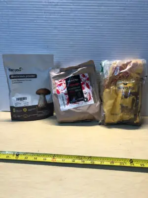 Mushroom powder exp:08/01/2027, Guanaja chocolate noir exp:10/2026, Gevalia ground coffee (opened) exp:11/24/2026