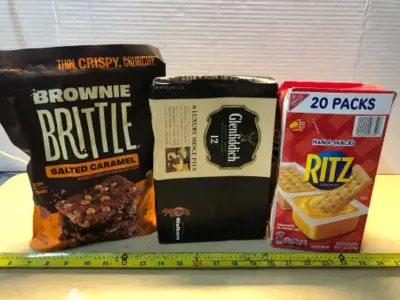 Bag of brownie brittle salted caramel exp:04/03/2026, Glendfield 6 luxury mince pies exp:03/2026, box of ritz handi snacks 20 count exp:02/14/2026