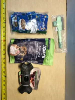 5 blue buffalo delectables exp:05/21/2027, dog comb, Mode’s immune chews exp:09/2025, dog bone toy