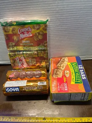 2ct chocolate cookies ,nature valley cashew bars & crunch n munch mostly in date
