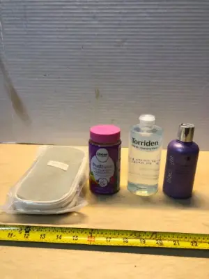 Zipper bag, post natal multivitamin exp:02/2026, torriden cleansing water, Blue shampoo