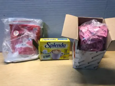 Monkfruit sweetener (opened), Splenda 100 count, sweet n low sweetener (opened)
