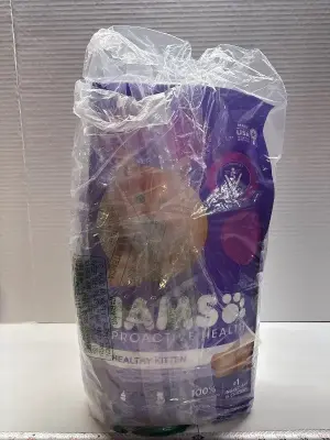 Iams healthy kitten cat food (has small hole but sealed in another bag)
