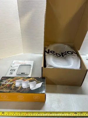 kitchen scale, taco holders, and bread proofing basket set