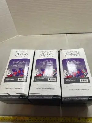 three packs of 18 soft pods dark roast K cups