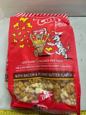 24 ounces of puppy popcorn treats with bacon and peanut butter flavor