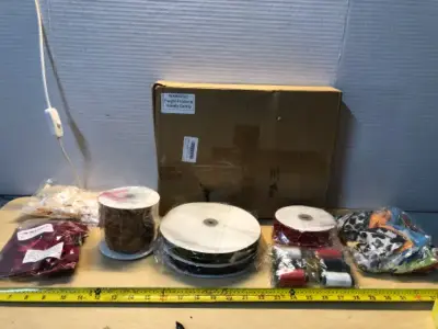 Different kinds of ribbons, box of 24 Christmas balls