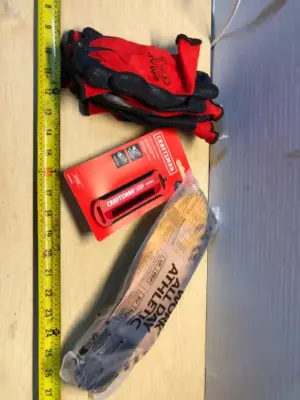 3 pairs black and red work gloves, heavy duty craftsman hand and nail brush, size 13 insoles