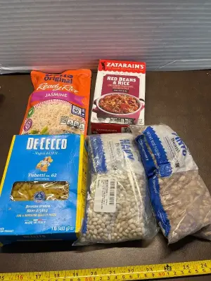 pinto beans, navy beans, dececco noddles , red beans & rice , jasmine rice (mostly in date)
