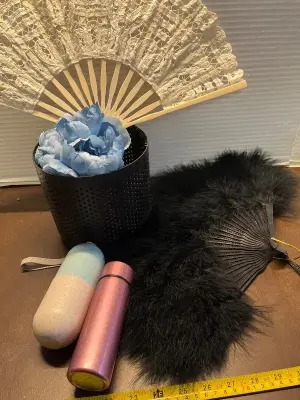 travel container, 2ct oriental fans, travel pill container. & fake flowers