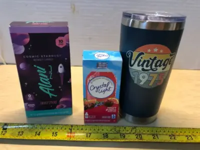 Box of alani energy sticks exp:04/2026, box of 10 packets crystal light , mug with lid