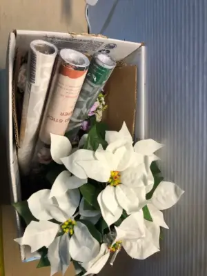 Box of artificial flowers , 3 rolls of contact paper