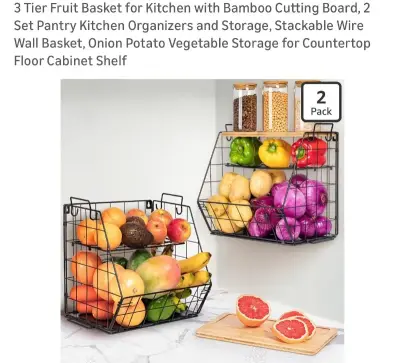 Stackable wire basket with bamboo top