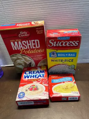 mashed potatoes, cream of wheat, chicken flavor noodle , white rice (mostly in date)