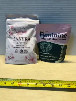2 bags cherry blossom powder exp:12/25/2027, 90 gummies feminine balance exp:05/27/2027