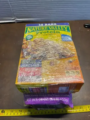 pretzel sticks, nature valley protein chewy bars (mostly in date)