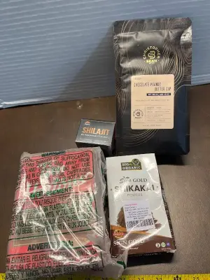 chocolate peanut butter cup 10oz , shilajit 1.05oz , sikakai powder 3.5oz , hot chocolate mix 8oz (opened )