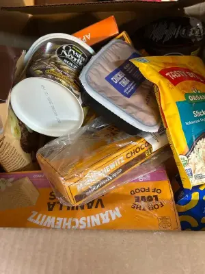 box of miscellaneous food, and snacks