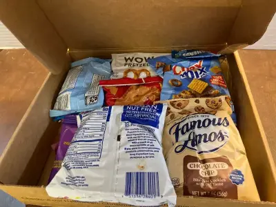 box of various snacks