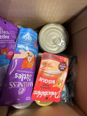 box of wet cat and dog food