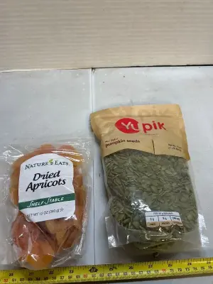raw shelled, pumpkin seeds 1 pound bag cut 12 ounces of dried apricots shelfstable