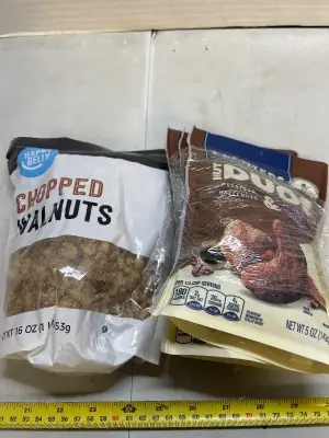 16 ounces of chopped walnuts 3 5 ounce bags of planters nut, duos, espresso, flavored hazelnuts, and cocoa, flavored cashews