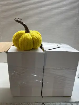 two boxes of crocheted fall decor