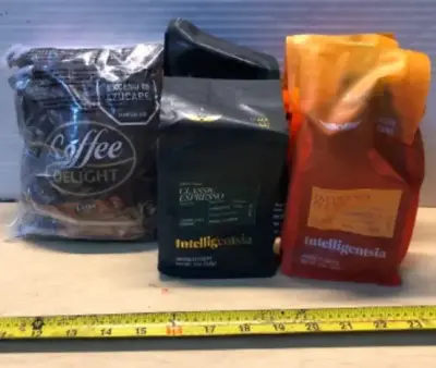 Bag of coffee delight chewy candy exp:10/2026, 2 bags 12oz black cat classic espresso coffee beans exp:01/22/2026, 2 bags 12oz signature blend special coffee beans exp:01/22/2026