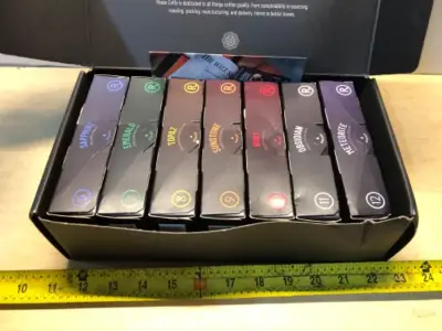 7 packs Rosso caffe espresso pods small aluminum cups 10 pods each box