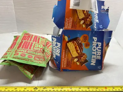 12 pack of pure protein, chocolate peanut caramel gluten-free protein bars, Best Buy, April 2026 six bags of overnight oats 30 g of protein apple cinnamon flavored Best Buy 2027