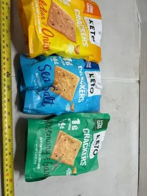 3 2.25 ounce bags of keto crackers, good until February 2027