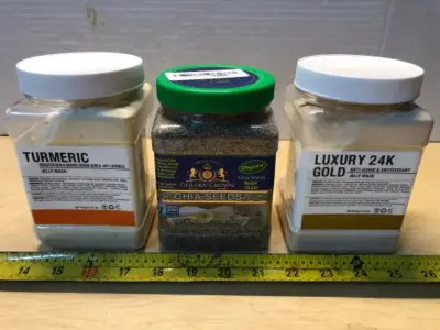 23oz turmeric jelly mask, 24oz chia seeds ready to eat, 23oz 24k luxury gold jelly mask