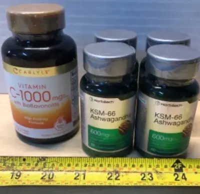 Bottle 250 caplets vitamin C-1000mg with bioflavonoids exp:05/2028, 4 bottles 60 caplets each KSM-66 Ashwagandha exp:06/2028