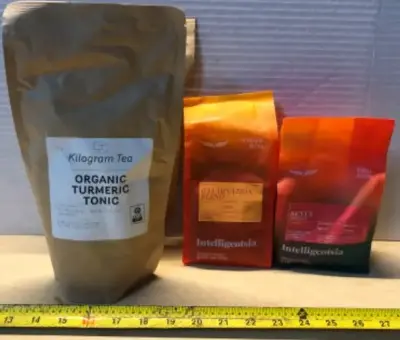 2 bag’s organic turmeric tonic exp:10/15/2027, 12oz signature blend special coffee beans exp:01/21/2026, 10oz single origin specialty coffee beans exp:01/22/2026