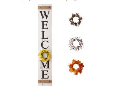 two piece white welcome sign with four interchangeable accessory wreaths