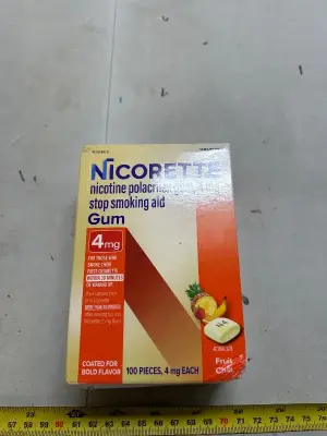 Pack of Nicorette nicotine gum, 4 mg 100 pack fruit chill flavor good until October 2027