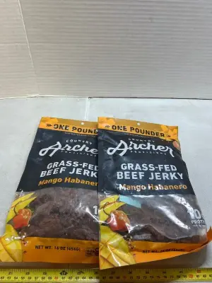 2 16 ounce bags of grass fed beef jerky, mango habanero, flavored 11/25