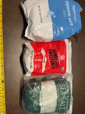 3lb epsom salt (taped) , monk fruit sweetener 1lb, sea salt 30oz