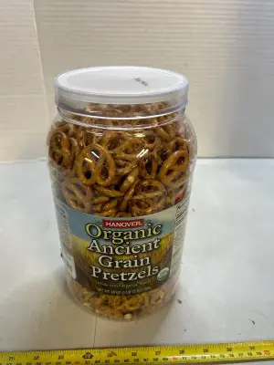 1 lb. 12 oz. of organic ancient grain pretzels best used by March 31, 2026