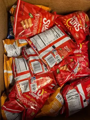 box of variety sun chips (mostly in date)