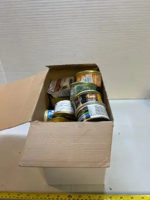 box of variety, cat food, mostly in date