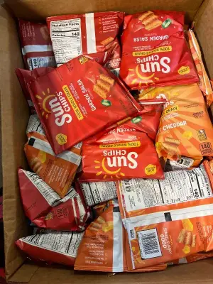 box of various sun chips (mostly in date)