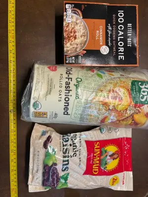 2lbs organic raisins, & old-fashioned, rolled oats 2lb , cinnamon roll oats