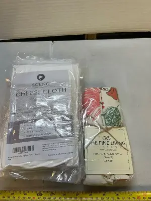 four packs of 10 yd.² white cheese cloth set of two printed kitchen towels, 18” x 28”